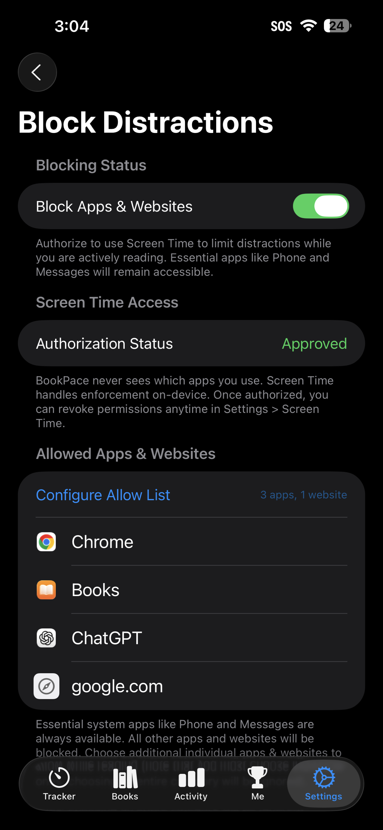 Settings Block Distractions Setting